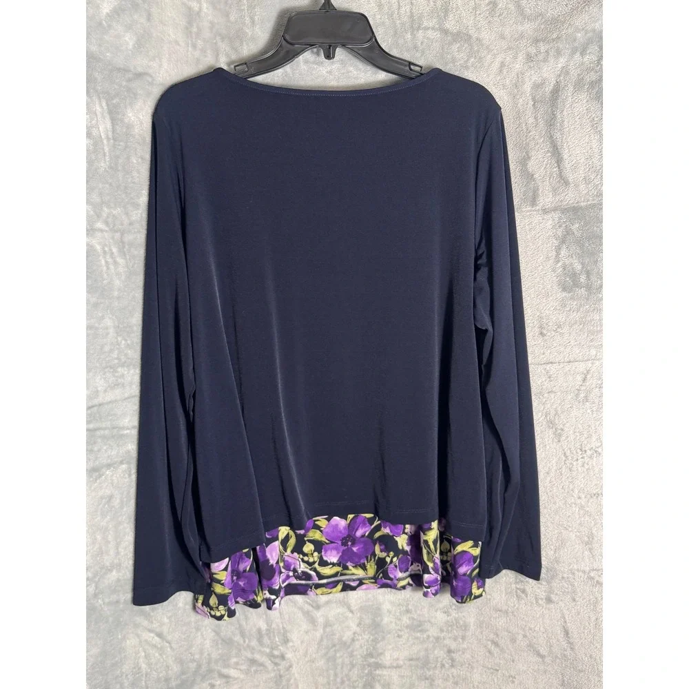 Susan Graver Navy Blue Floral Trim Long Sleeve Top Gold Button Detail Large